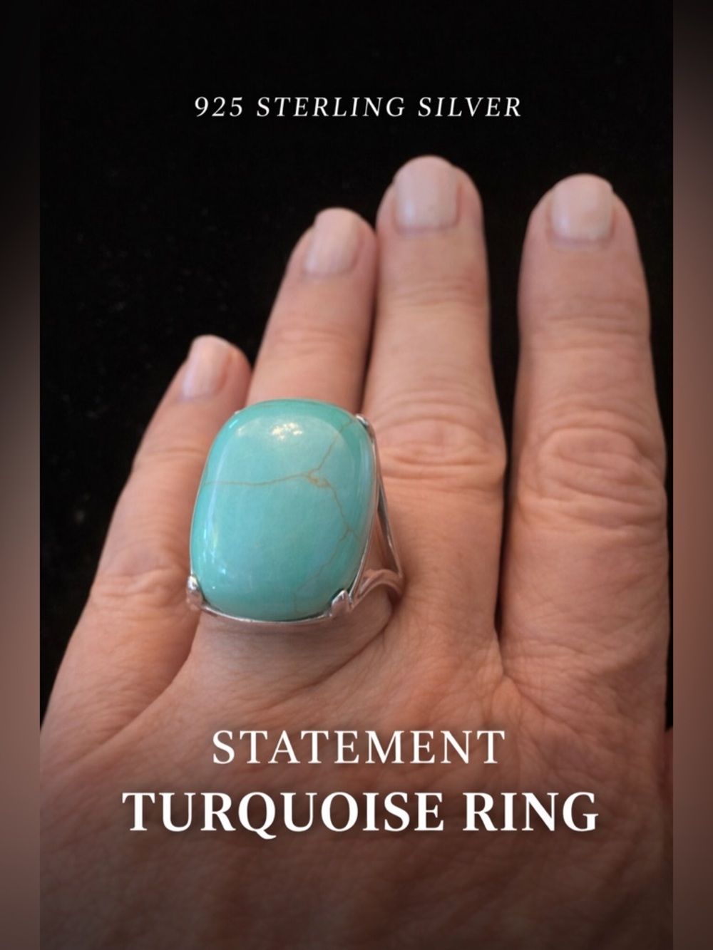 925 Sterling Silver Turquoise Look Statement Ring Size 8 Large Cabochon Modern